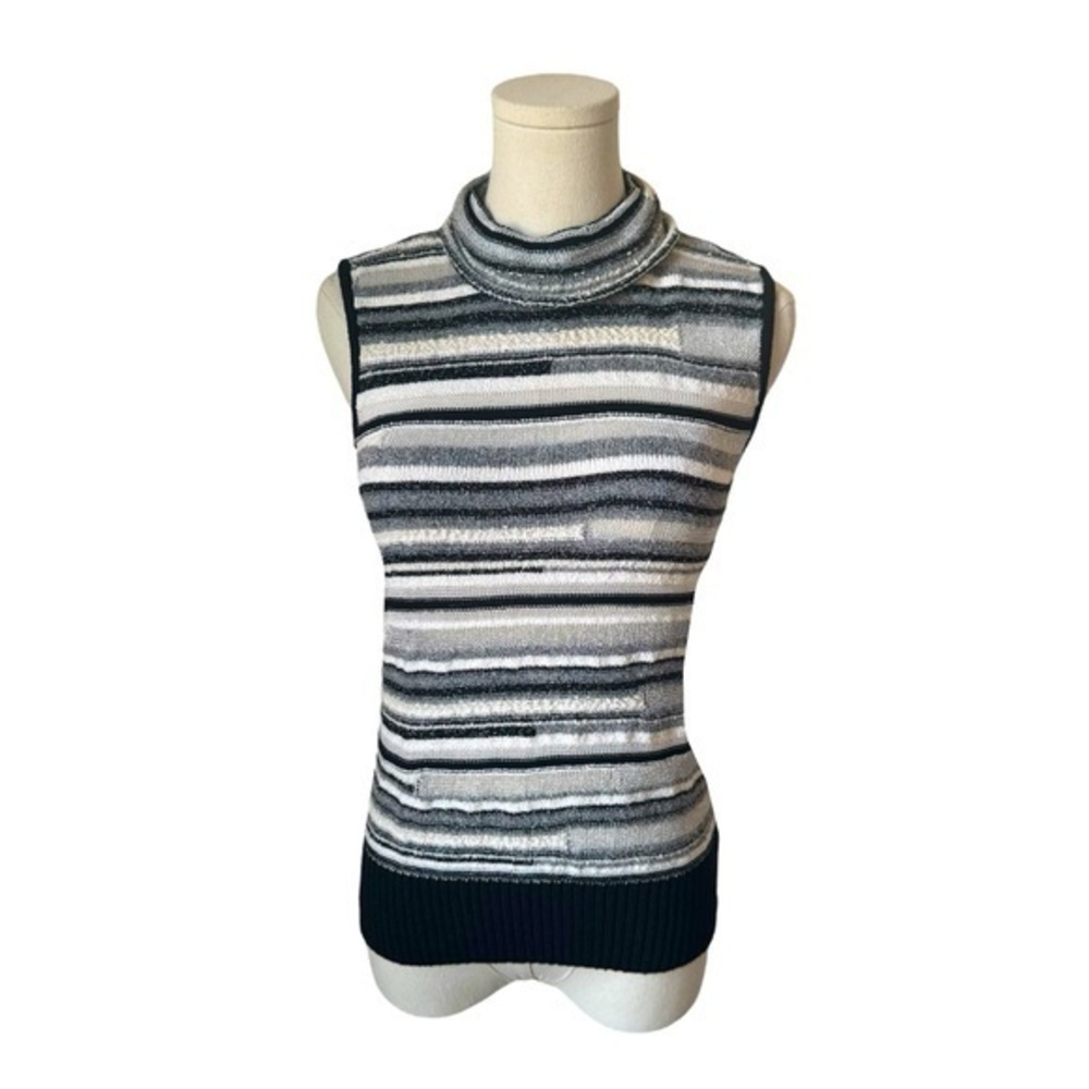 ST. JOHN ✘ Black Striped Knit Mock Neck Sleeveless Metallic Sweater Sheer Top, S